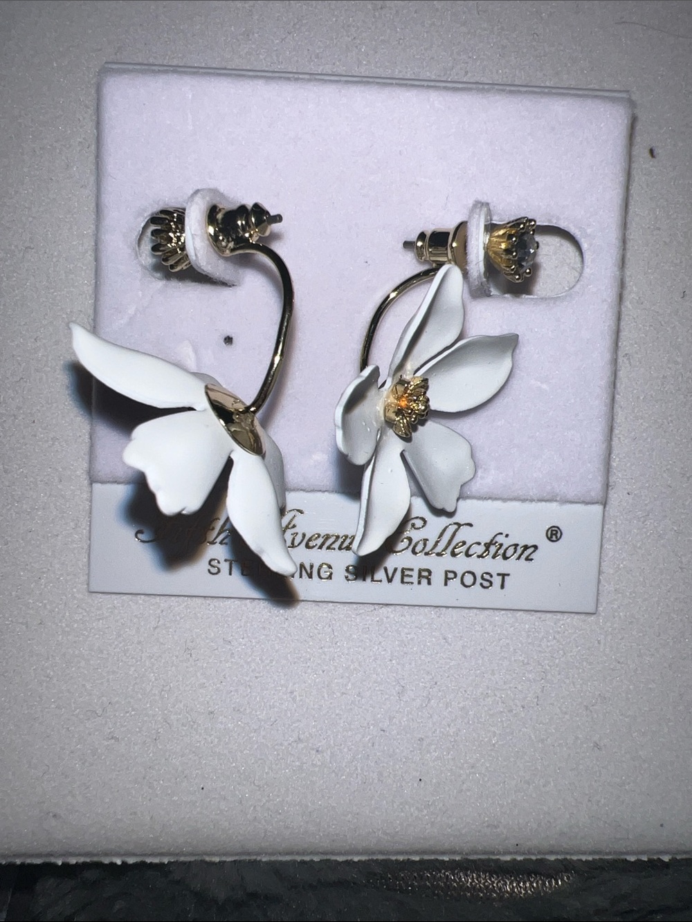 White Floral Drop Earrings with Gold Center Accents